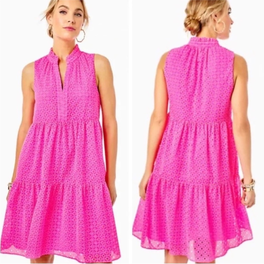 Lilly Pulitzer Novella Eyelet Embroidered Tiered Boho Swing Dress Hot‎ Pink XS